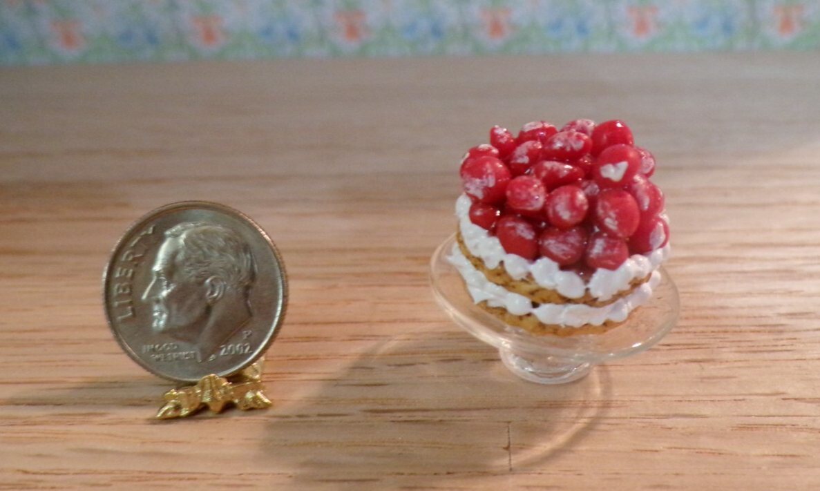 Dollhouse Miniature Strawberry Shortcake on Glass Tray - Handcrafted