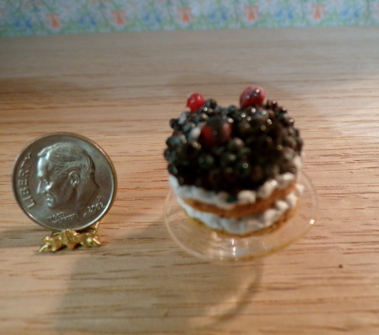 Dollhouse Miniature Mixed Berry Cake on Glass Tray - Handcrafted