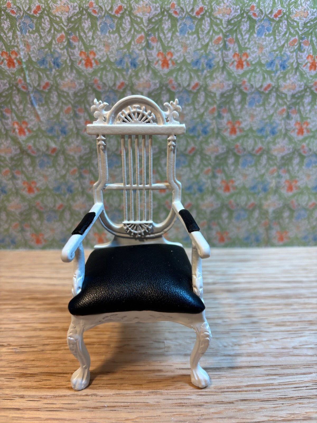 Dollhouse Miniature White Lyre Chair with Black Upholstery by Hansson