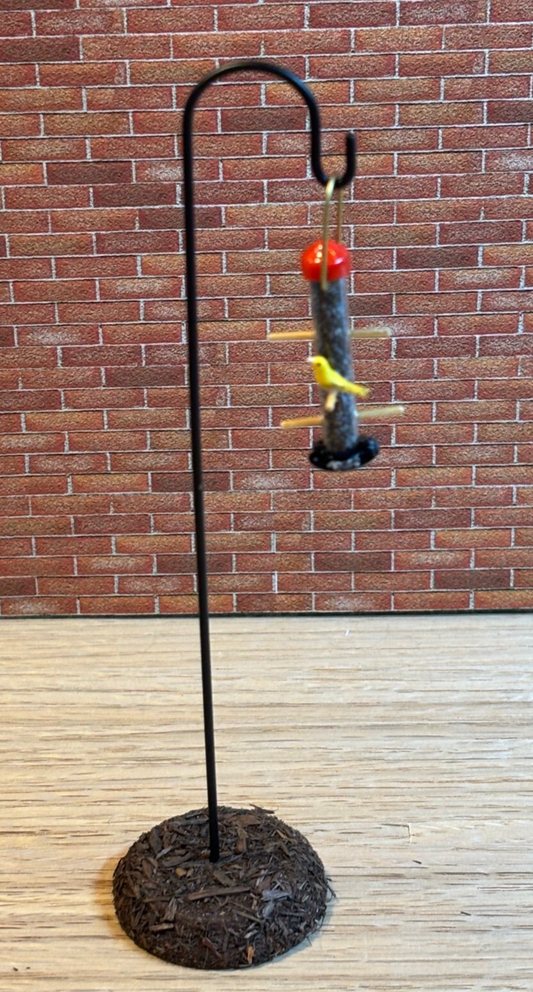 Dollhouse Miniature Birdfeeder with Yellow Bird on Shepherd's Hook - Handcrafted