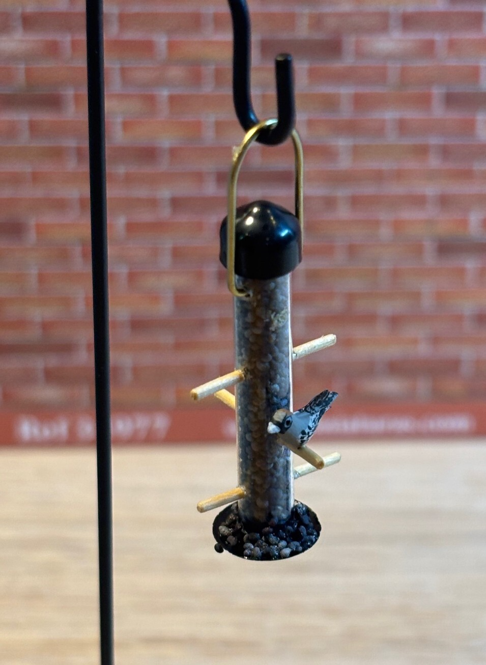 Dollhouse Miniature Black Birdfeeder with Bird on Shepherd's Hook - Handcrafted
