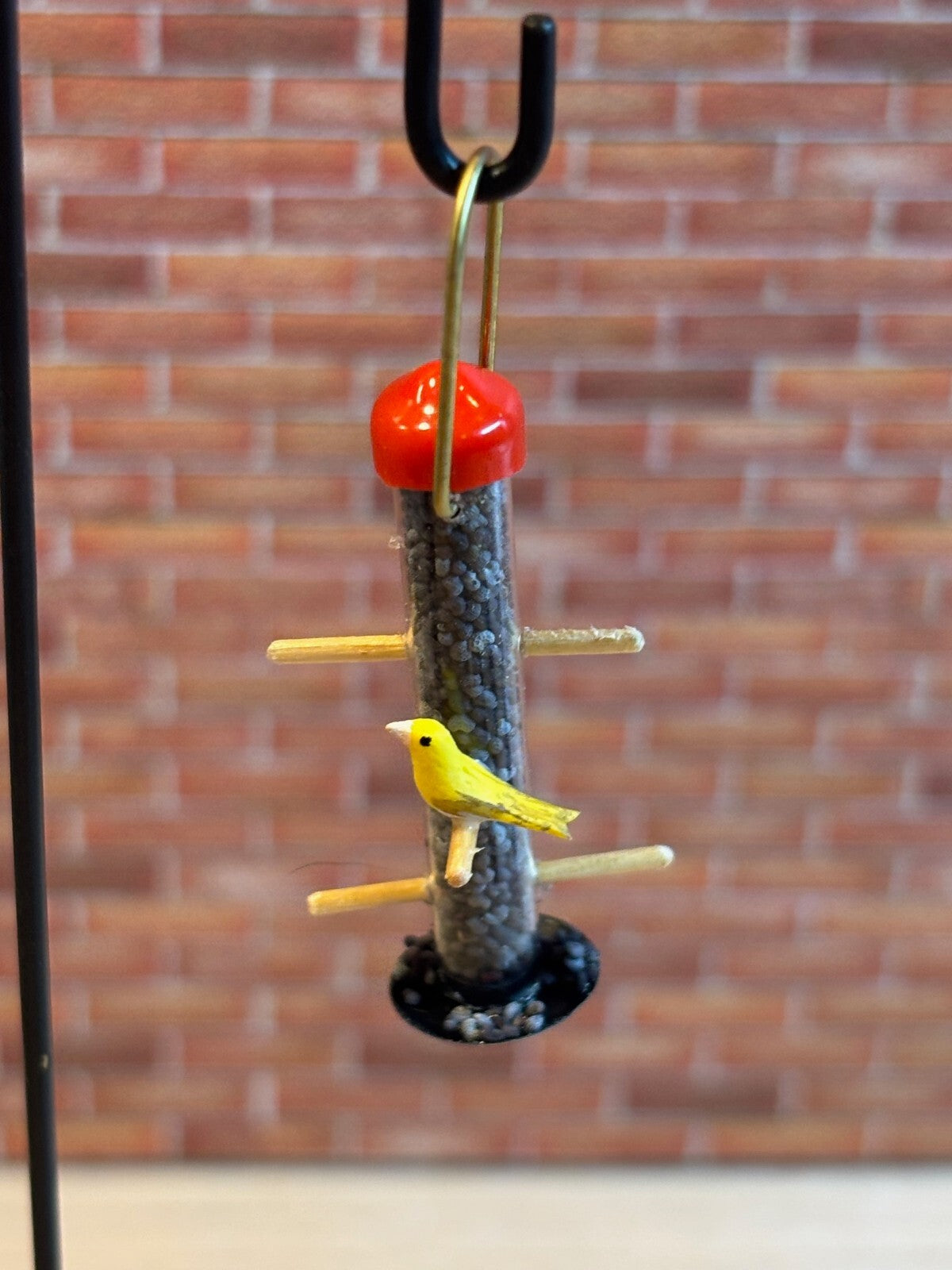 Dollhouse Miniature Birdfeeder with Yellow Bird on Shepherd's Hook - Handcrafted