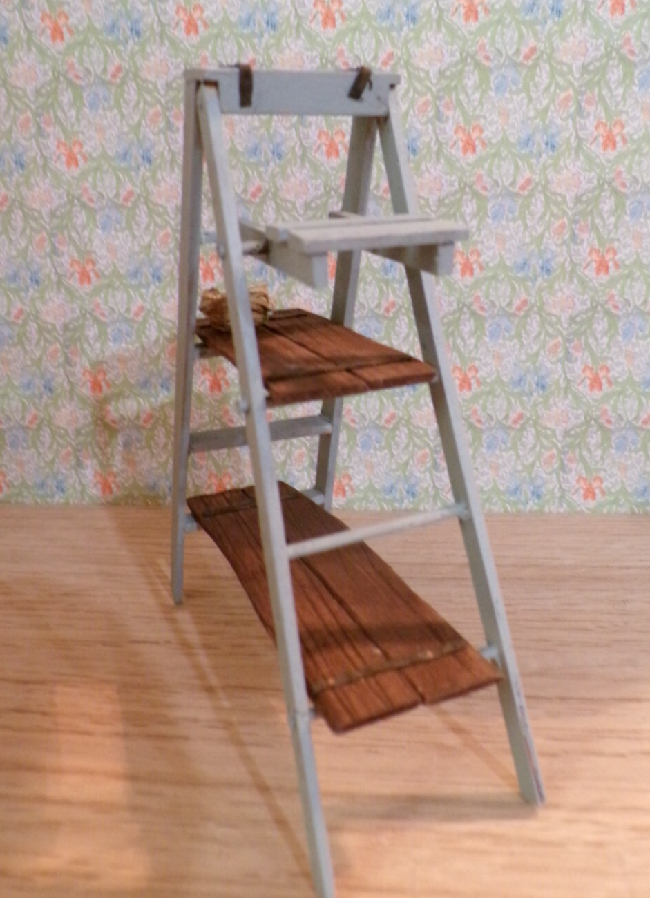 Dollhouse Miniature Wooden Ladder with Shelves and Bird's Nest,  Handcrafted