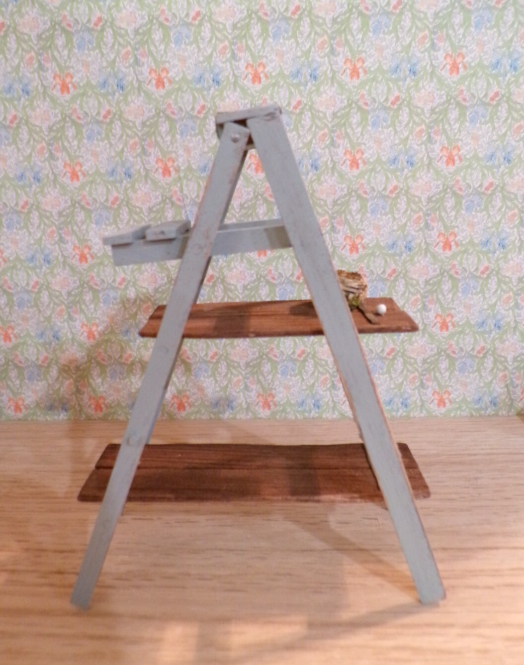 Dollhouse Miniature Wooden Ladder with Shelves and Bird's Nest,  Handcrafted