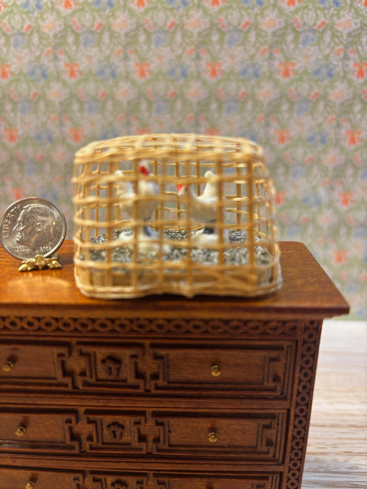Dollhouse Miniature Chickens in Crate - Handcrafted