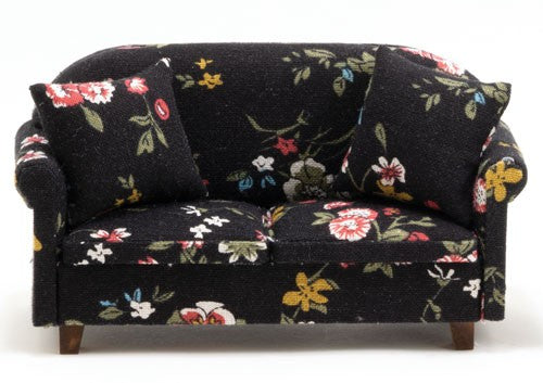 Dollhouse Miniature Sofa with Pillows, Black Floral - New Design