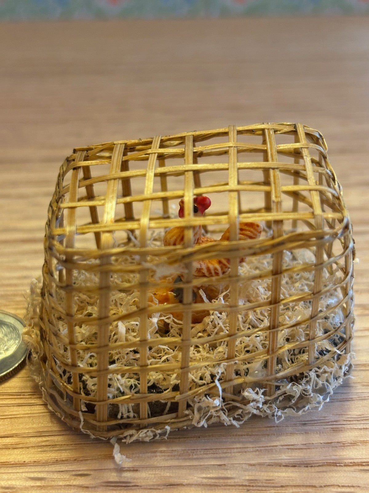 Dollhouse Miniature Wicker Cage with Chicken