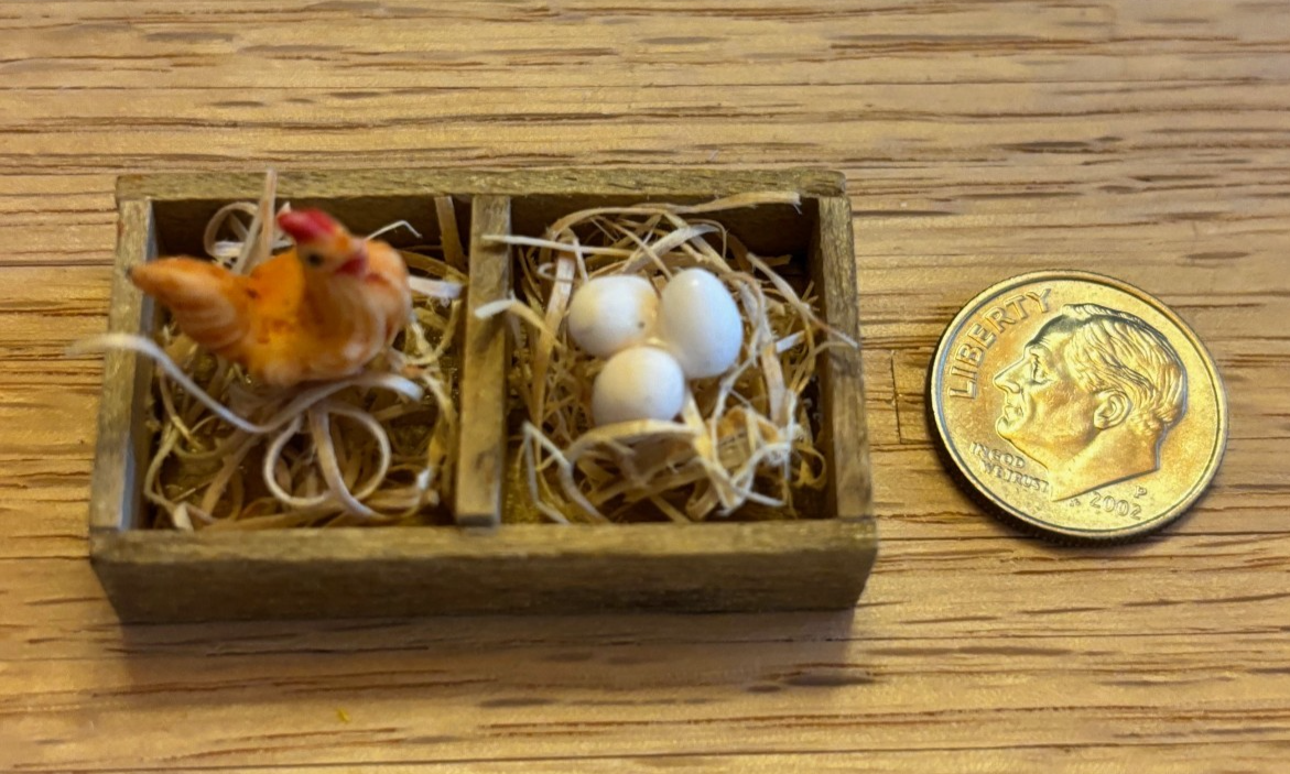 Dollhouse Miniature Crate with Chicken and Eggs
