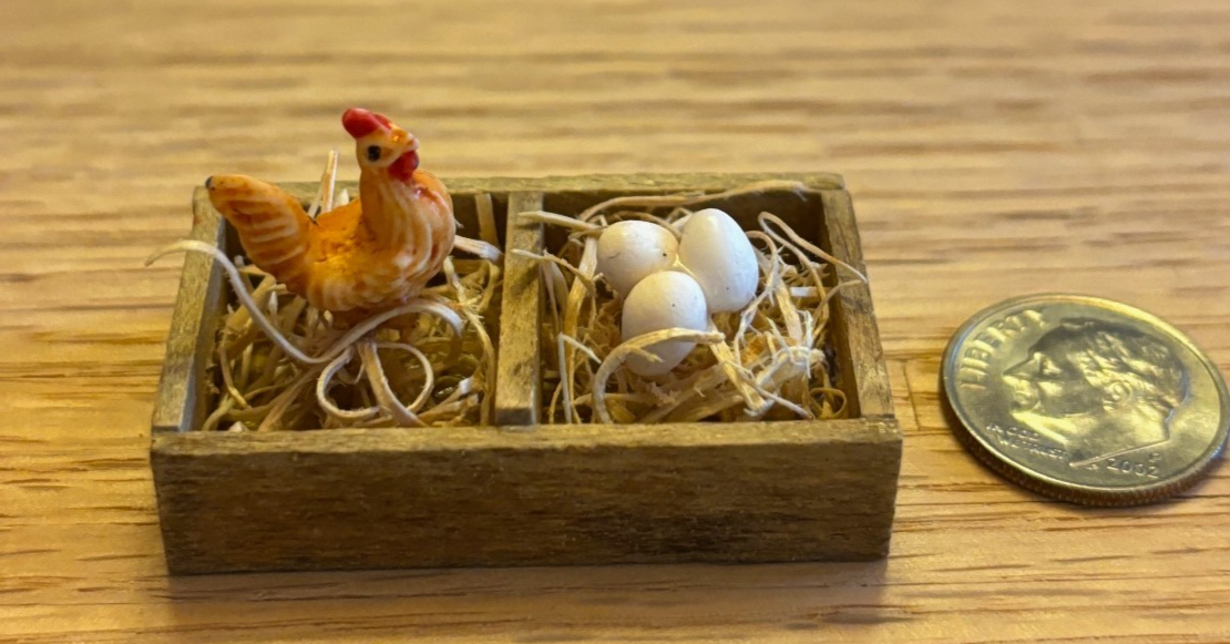 Dollhouse Miniature Crate with Chicken and Eggs