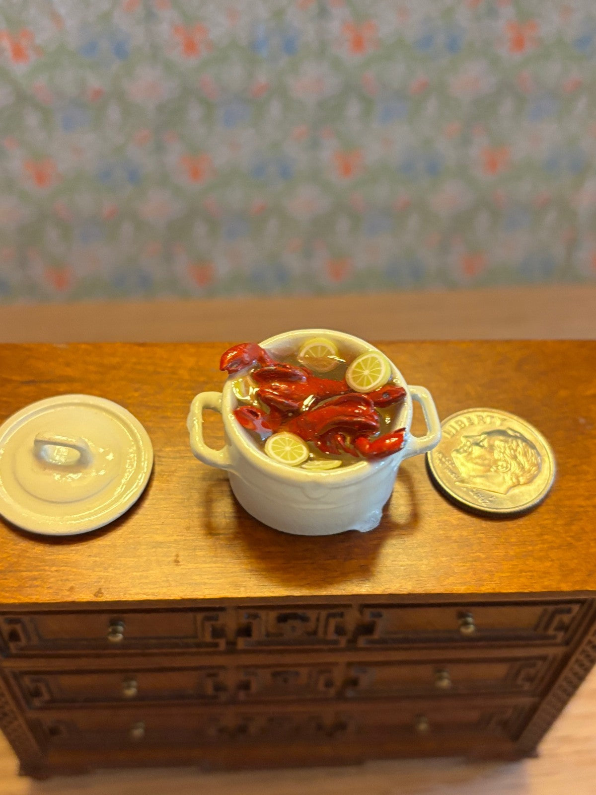 Dollhouse Miniature Lobsters Boiling in Pot