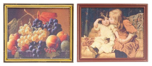Dollhouse Miniature Monet Pictures Set of 2 - Children, Fruit - in Metal Frame