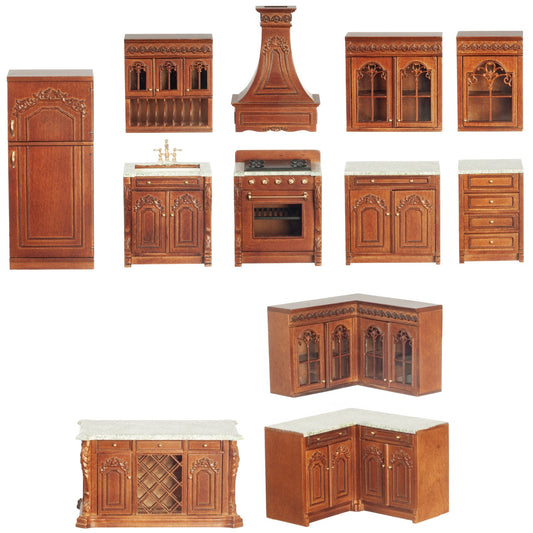 NEW! JBM Fine Miniature Deluxe Kitchen Set in Walnut for Dollhouse