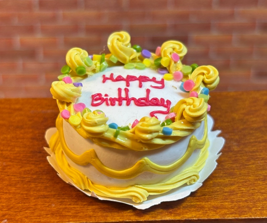 Dollhouse Miniature Happy Birthday Cake - Yellow