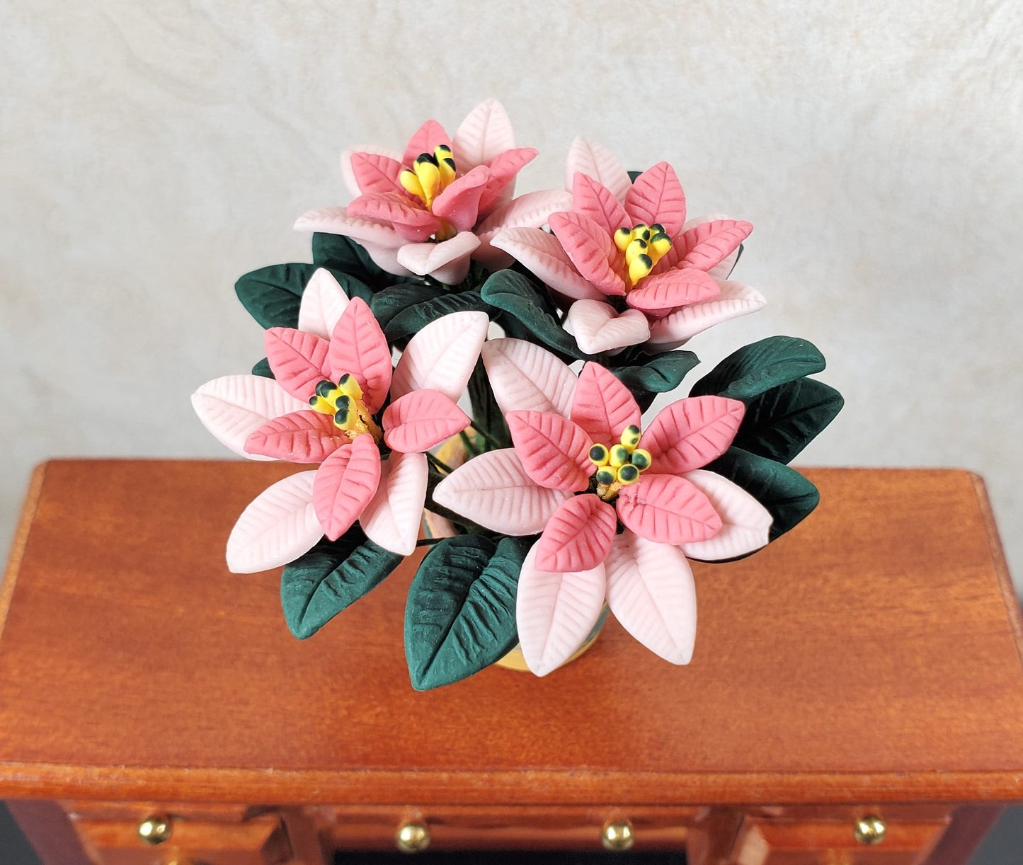 Dollhouse Large Pink Poinsettias in Yellow and Green Pot 1:12 Scale Miniature