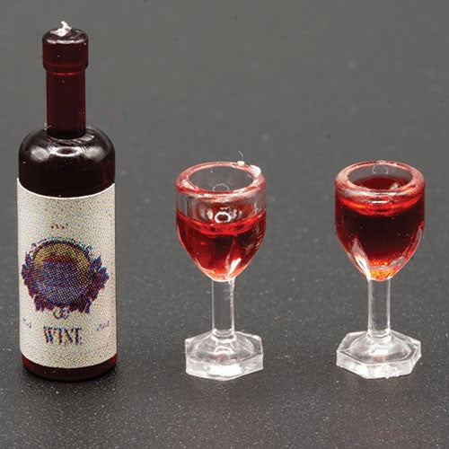 Dollhouse Miniature Wine Bottle with 2 Glasses of Wine