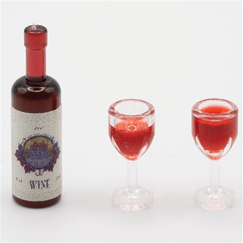 Dollhouse Miniature Wine Bottle with 2 Glasses of Wine