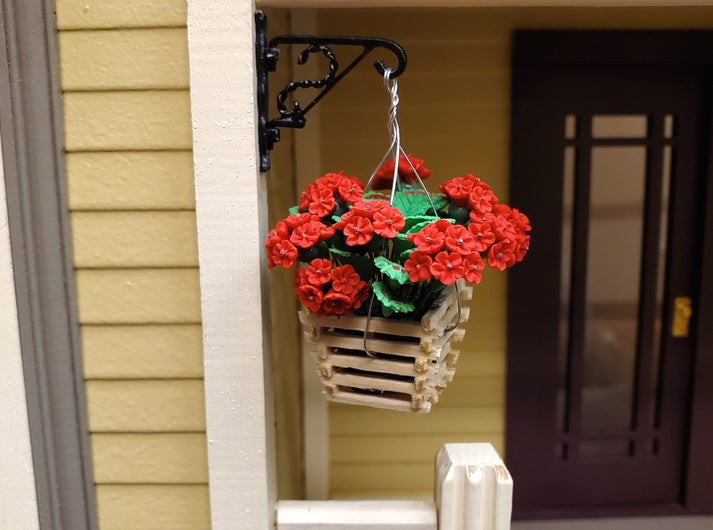 Dollhouse Red Geranium in Wood Hanging Planter Miniature 1:12 Scale