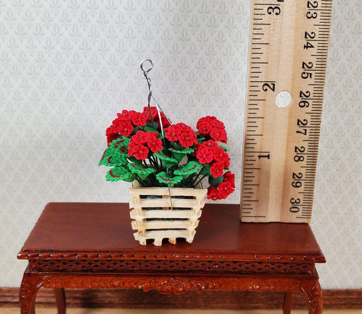 Dollhouse Red Geranium in Wood Hanging Planter Miniature 1:12 Scale