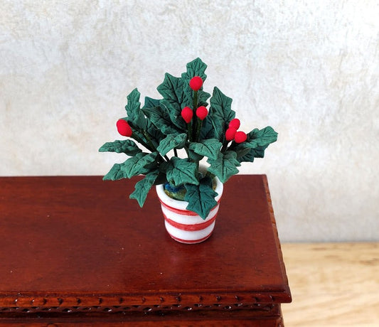 Dollhouse Holly Plant with Berries in a White & Red Pot 1:12 Scale Miniature