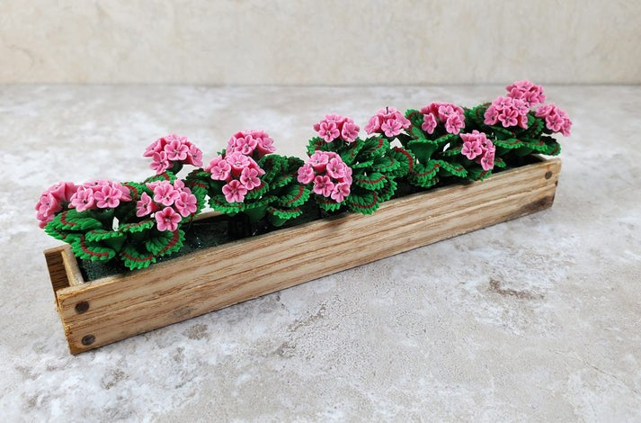 Dollhouse Pink Geraniums in 5.5" Wooden Window Box Miniature 1:12 Scale
