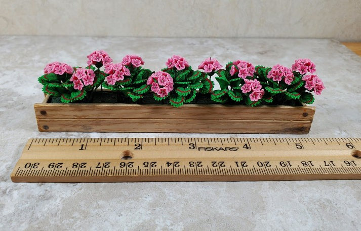 Dollhouse Pink Geraniums in 5.5" Wooden Window Box Miniature 1:12 Scale