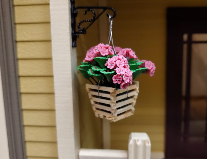 Dollhouse Pink Geranium in Wood Hanging Planter Miniature 1:12 Scale