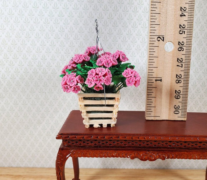 Dollhouse Pink Geranium in Wood Hanging Planter Miniature 1:12 Scale