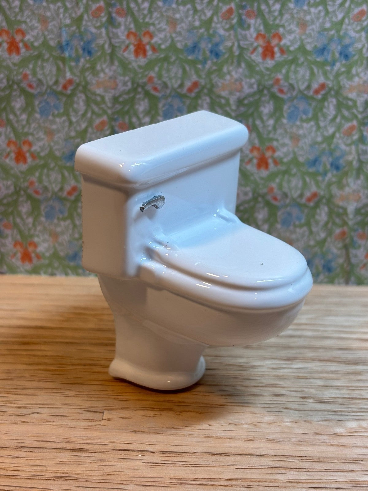 Dollhouse Miniature White Toilet with Silver Handle
