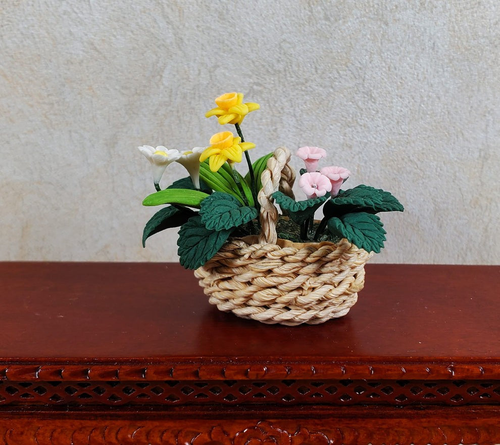 Dollhouse Miniature Assorted Spring Flowers in Natural Fiber Basket
