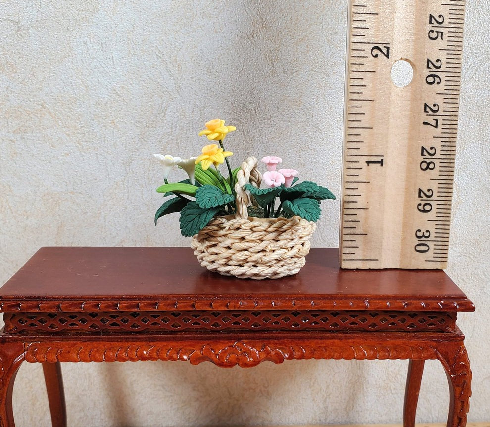 Dollhouse Miniature Assorted Spring Flowers in Natural Fiber Basket