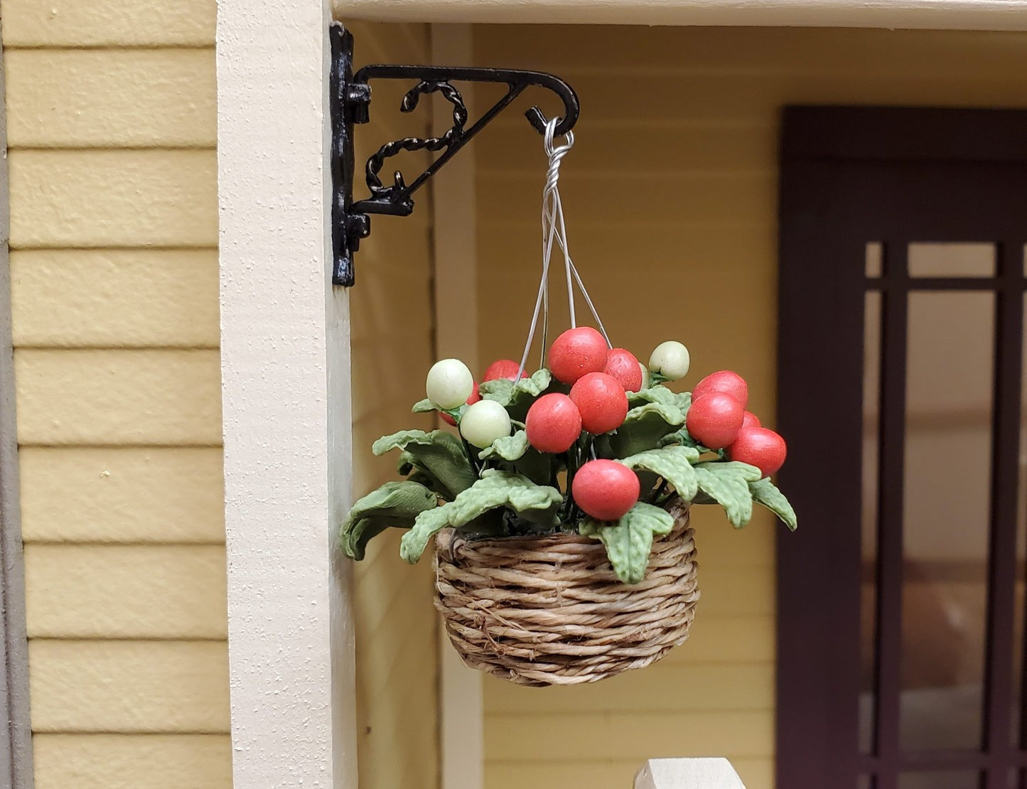 Dollhouse Miniature Tomato Plant in Natural Fiber Hanging Basket