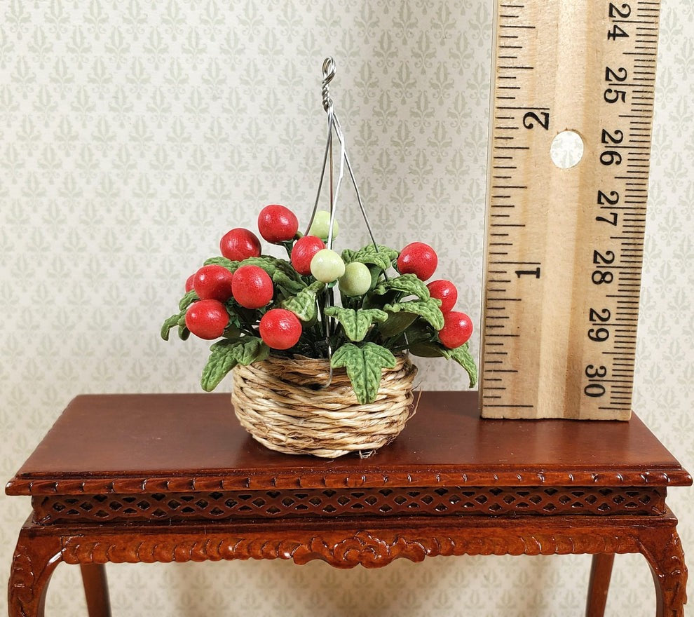 Dollhouse Miniature Tomato Plant in Natural Fiber Hanging Basket