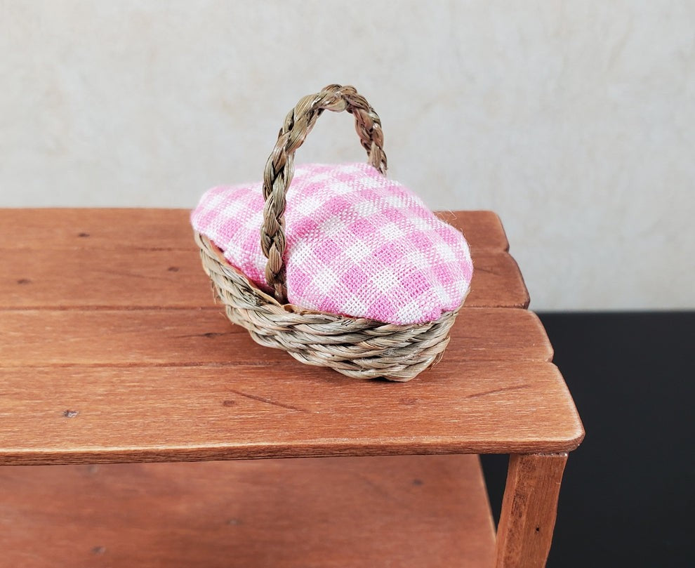 Dollhouse Miniature Picnic Basket with Pink and White Gingham Cover