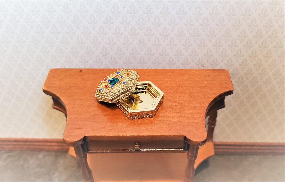 Dollhouse Miniature Gold Jewelry Box with Jewels and Opening Lid