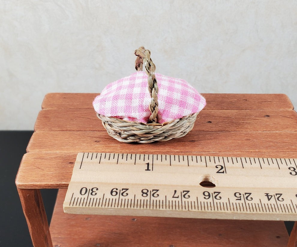 Dollhouse Miniature Picnic Basket with Pink and White Gingham Cover