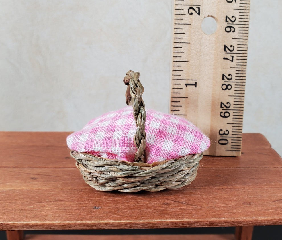 Dollhouse Miniature Picnic Basket with Pink and White Gingham Cover