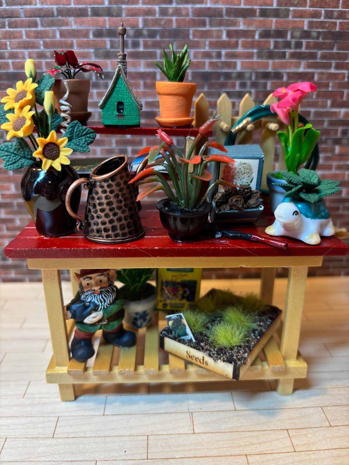 Dollhouse Miniature Potting Bench with Accessories Handcrafted G