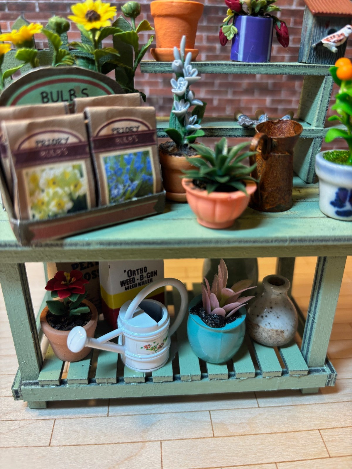 Dollhouse Miniature Potting Bench with Accessories Handcrafted A