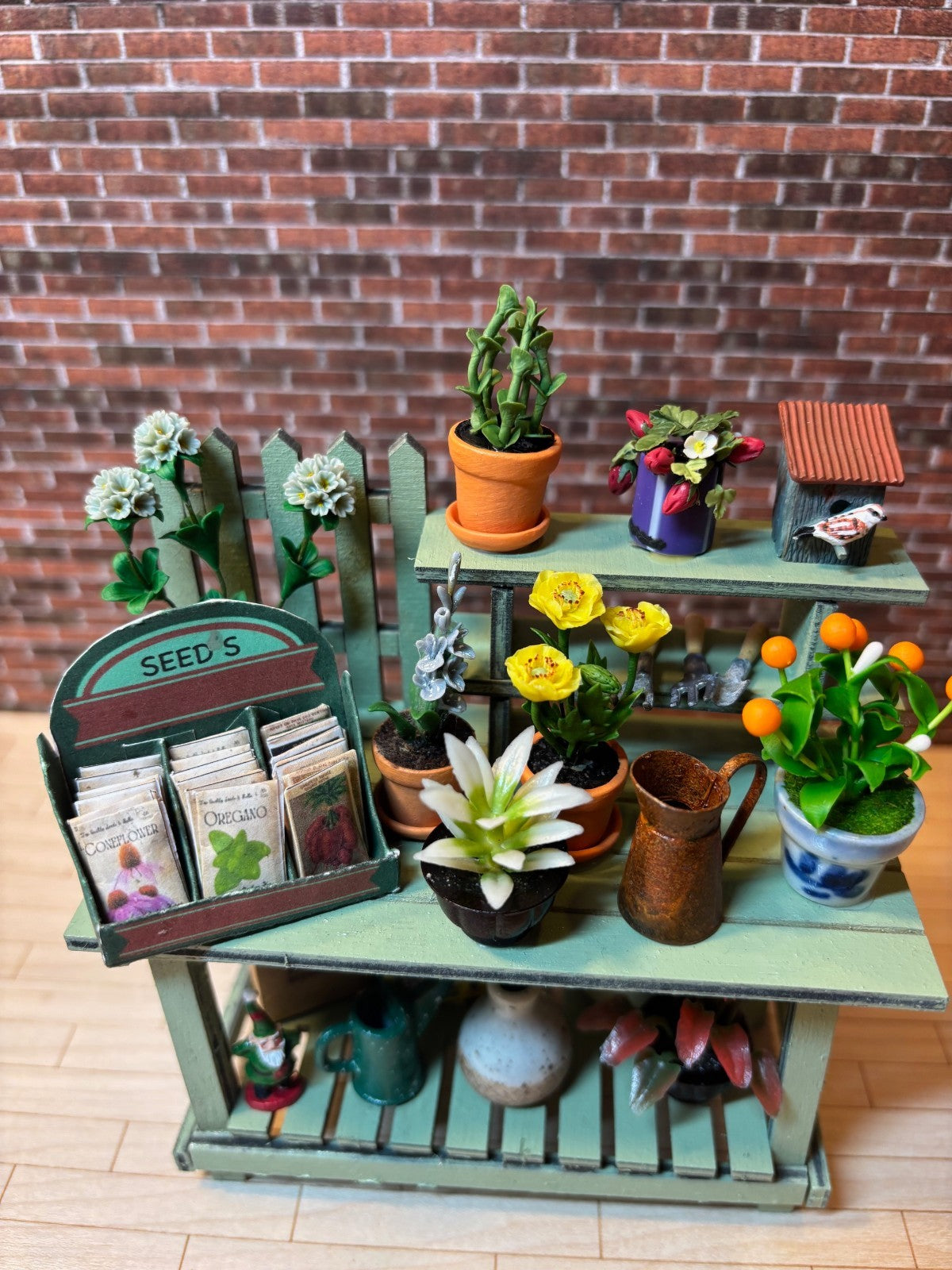 Dollhouse Miniature Potting Bench with Accessories Handcrafted B