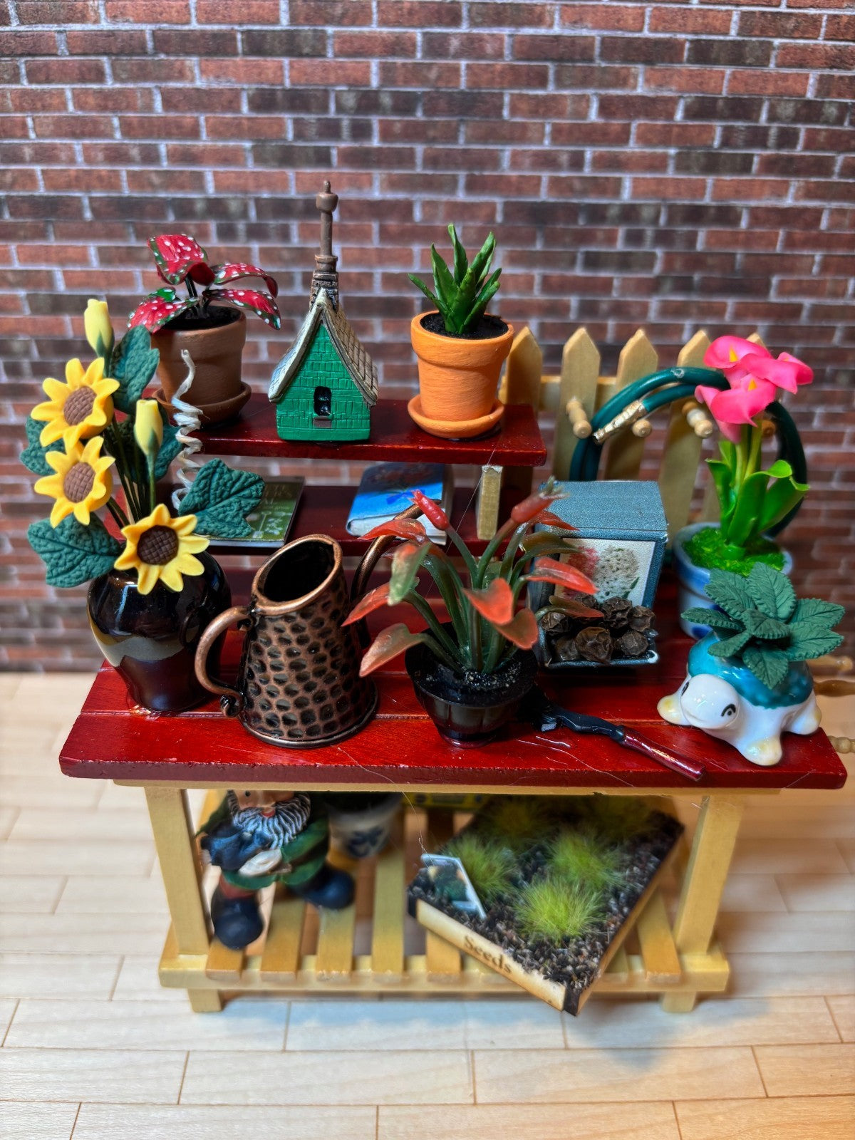 Dollhouse Miniature Potting Bench with Accessories Handcrafted G