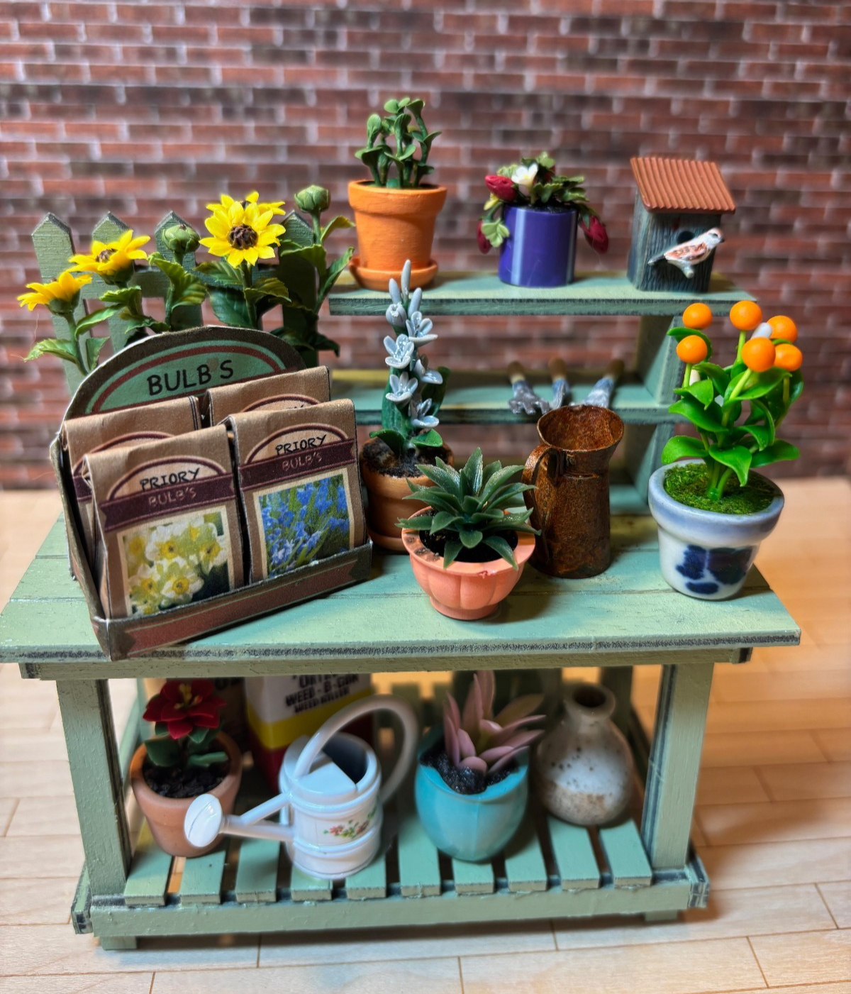 Dollhouse Miniature Potting Bench with Accessories Handcrafted A