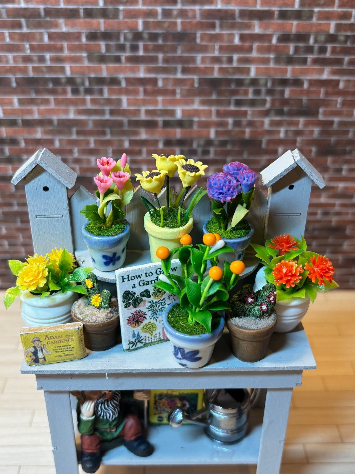 Dollhouse Miniature Potting Bench with Accessories Handcrafted C