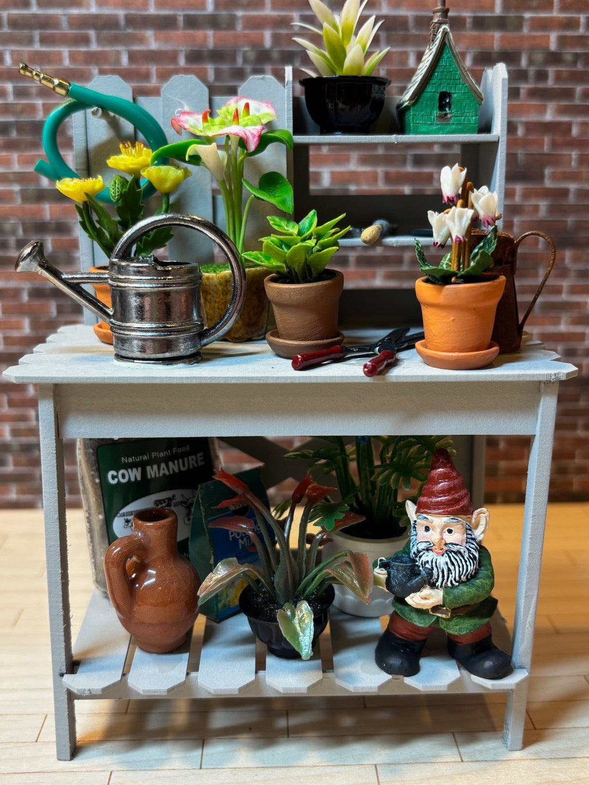 Dollhouse Miniature Potting Bench with Accessories Handcrafted F