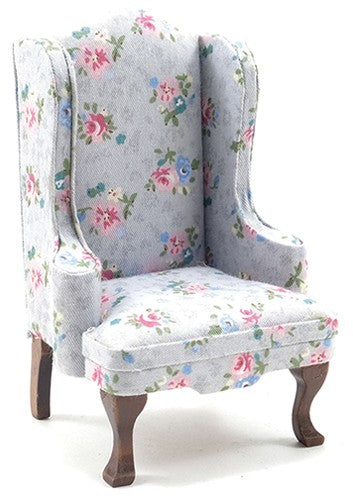 Dollhouse Miniature Chair, Walnut with Gray Floral Fabric
