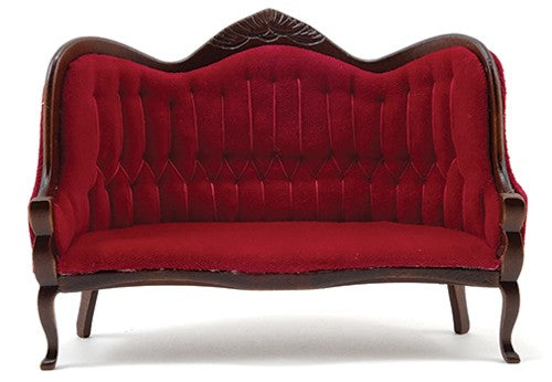 Dollhouse Miniature Victorian Sofa, Walnut with Red Velour Fabric
