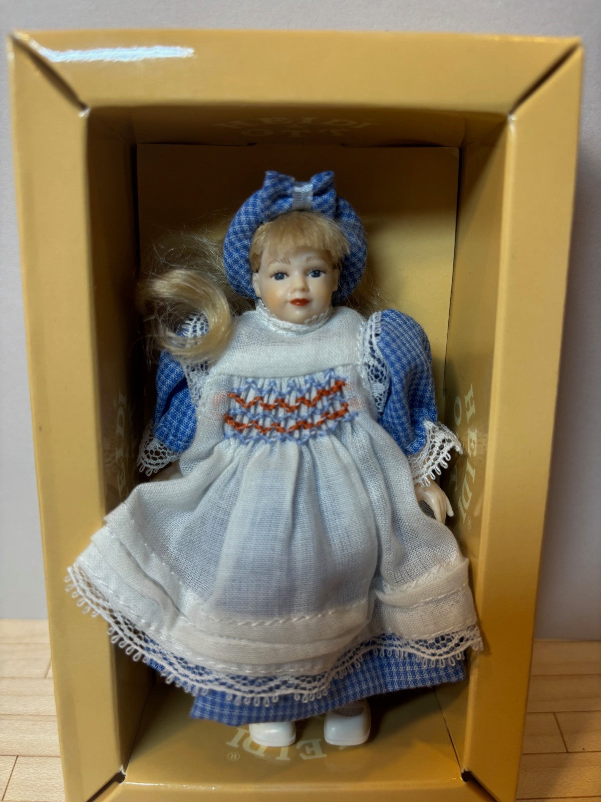 Heidi Ott Dollhouse Miniature 1:12 Scale Blonde Girl Doll in Blue Smocked Dress