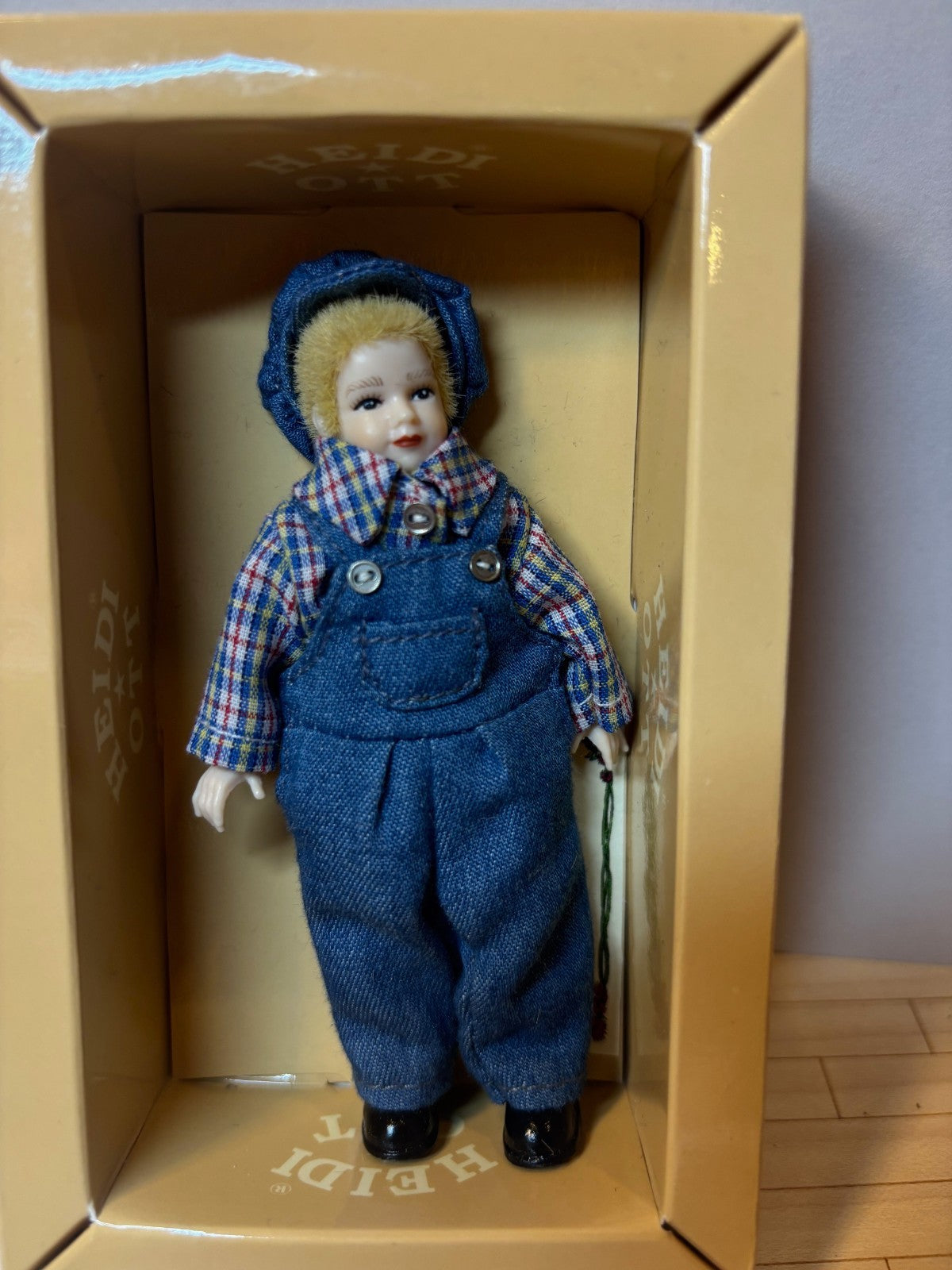 Heidi Ott Dollhouse Miniature 1:12 Scale Blonde Boy Doll in Blue Overalls