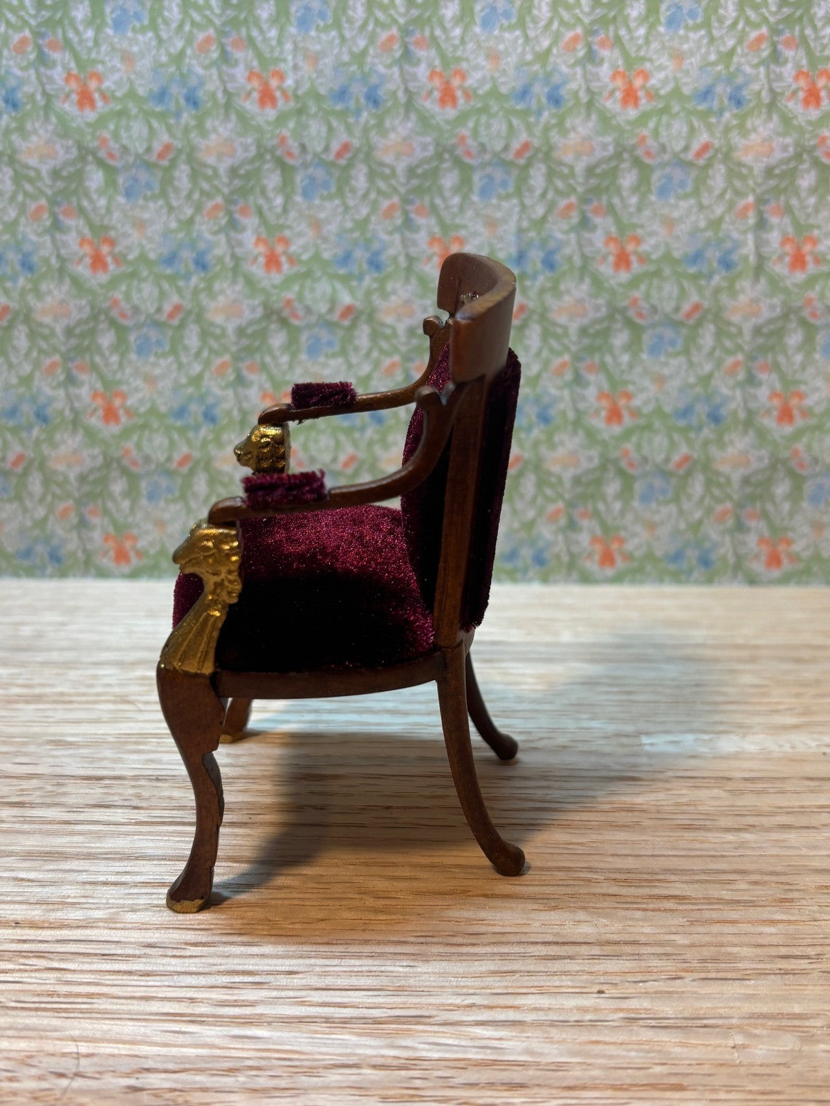 Dollhouse Miniature Walnut/Gold Red Velvet Upholstered Chair by Hansson
