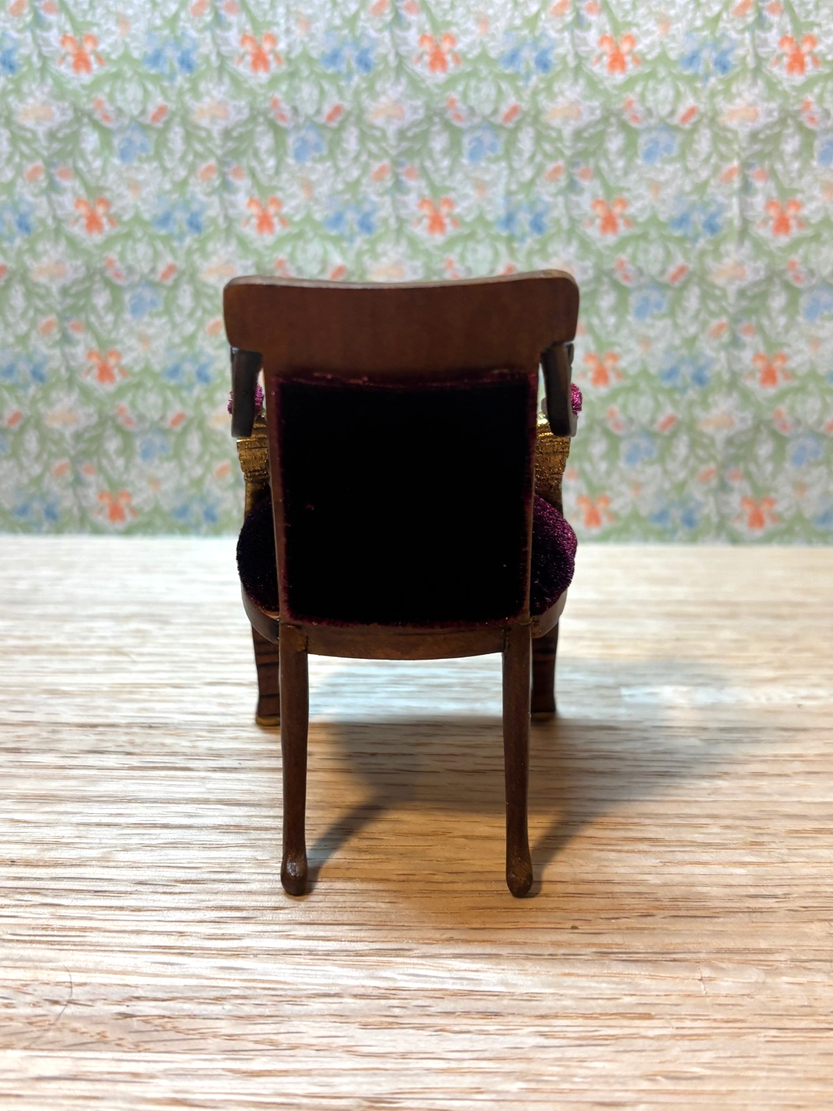 Dollhouse Miniature Walnut/Gold Red Velvet Upholstered Chair by Hansson