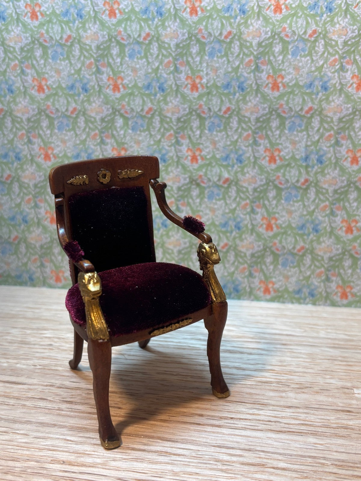 Dollhouse Miniature Walnut/Gold Red Velvet Upholstered Chair by Hansson